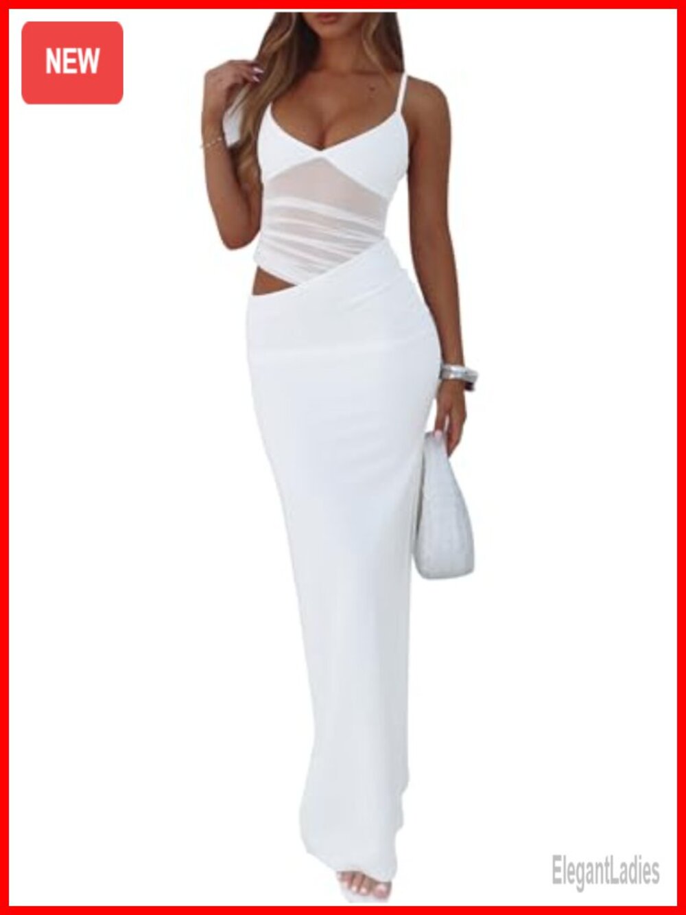 Sexy Bodycon V Neck Spaghetti Strap Maxi Dress Mesh Sheer Backless